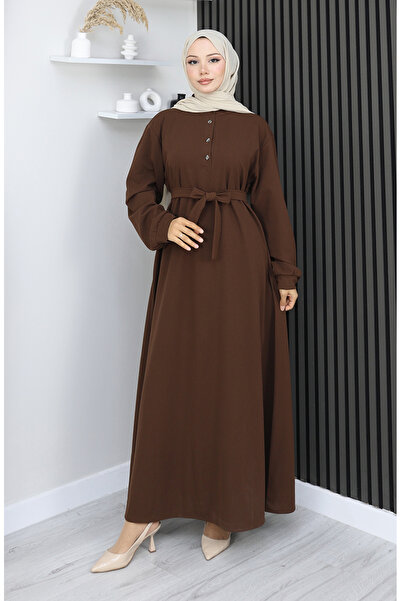 sefamerve Scuba fabric half buttoned belted dress 2167-01 brown