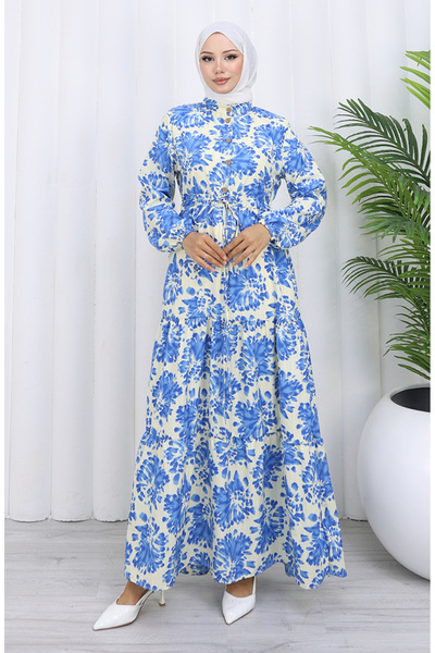 sefamerve Hakim Yaka Beli Patterned Dress with Lace-Up Collar 0192-02 Indigo