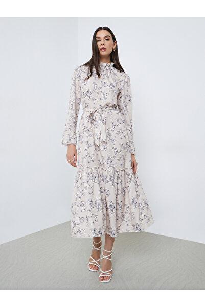 Take Two By Styli Beige Floral Printed Tie Waist Maxi Dress