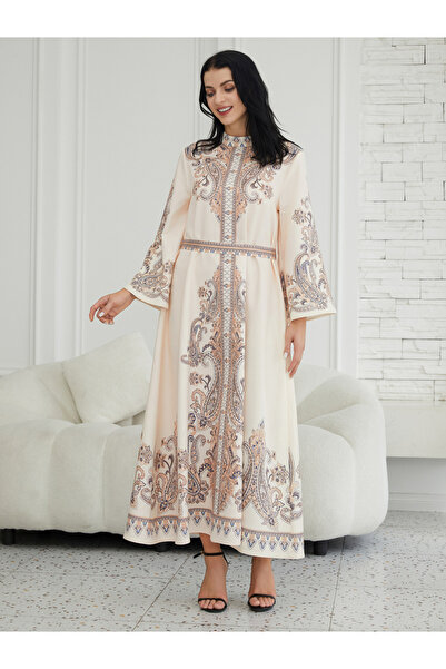 Take Two By Styli Printed Embellished High Neck Long Sleeve Jalabiya