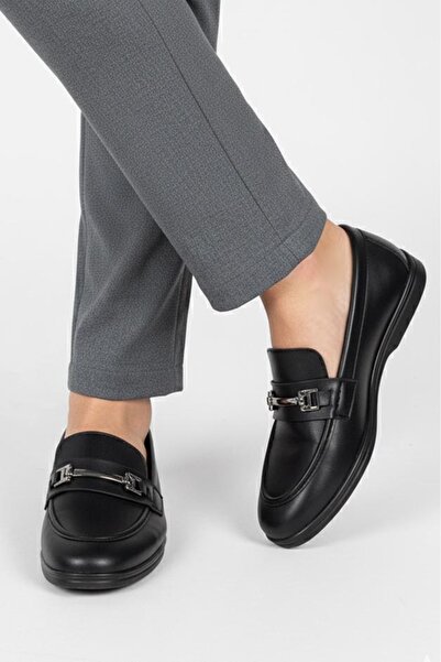 TOFİSA Women's Black Buckle Leather Ballerinas - 27908-Black