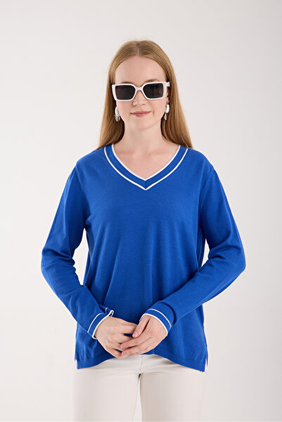 Clothes Fast Women's Cobalt Blue Contrast Piped and Side Slit V-Neck Knitwear Blouse