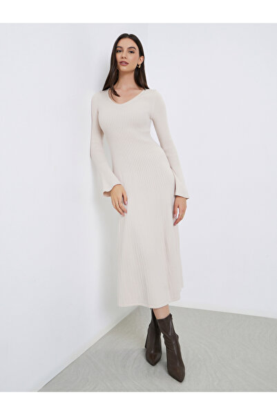 Take Two By Styli Beige Ribbed Knit Sweater Midi Dress