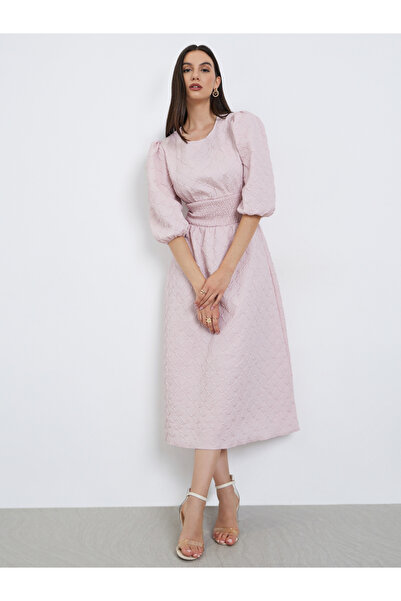 Take Two By Styli Pink Textured Puff Sleeve Midi Dress