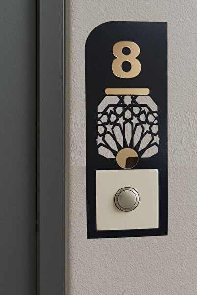 Şirin Lazer NO 8 KAPI DAİRE NUMARASI ZİL ÇERÇEVESİ AHŞAP MDF PARLAK GOLD AYNA...