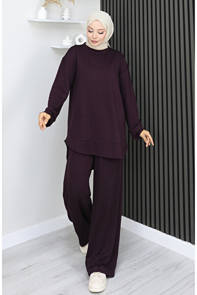 sefamerve Premium υφασμάτινο παντελόνι τουνίκ διπλό σετ 2164-01 Plum