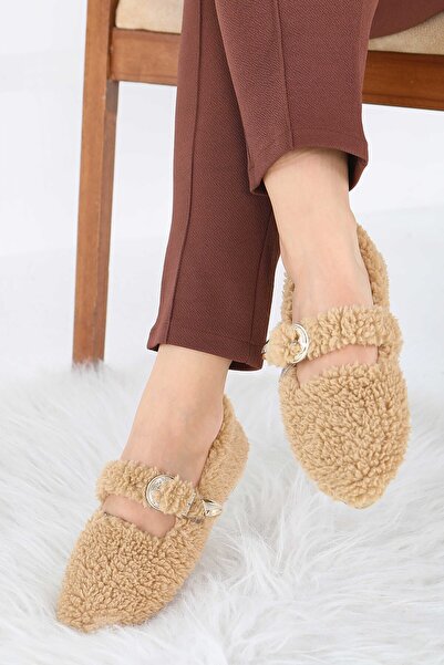 TOFİSA Women's Mink Belt Detailed Plush Ballerinas - 27910-Vizon