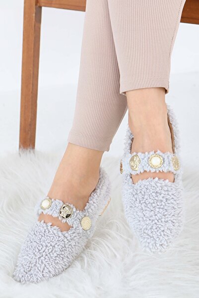 TOFİSA Women's Gray Pearl and Tuğra Detailed Plush Ballerinas - 27911-Gri