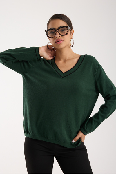 Moda Days Contrast Piped and Side Slit V-Neck Knitwear Blouse