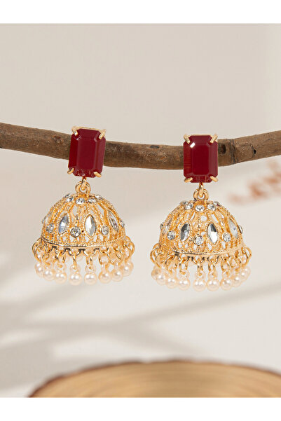 Take Two By Styli Gold Tone Jhumka Earrings with Ruby Accent