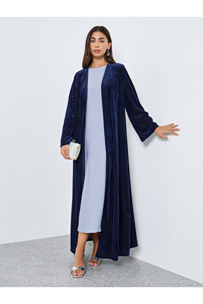 Styli عباية زرقاء مفتوحة من الأمام بتصميم مخملي مزخرف باللون الأزرق البحري