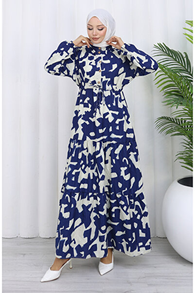 sefamerve Hakim Yaka Beli Patterned Dress with Laces 0191-02 Navy Blue