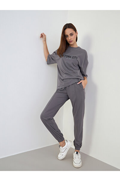 Styli Grey Oversized Embroidered T-Shirt and Joggers Co-ords