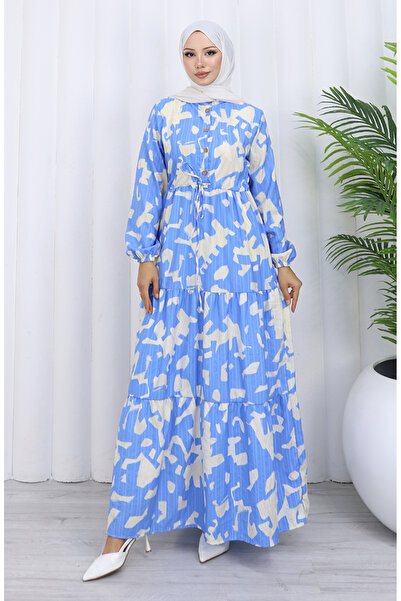 sefamerve Hakim Yaka Beli Patterned Dress with Laced Collar 0191-03 Indigo