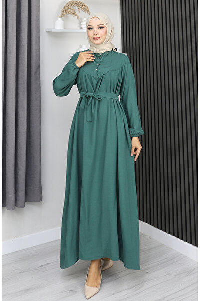 sefamerve Φόρεμα με ζώνη με μισό κουμπί από ύφασμα Belmando 2166-08 Πράσινο