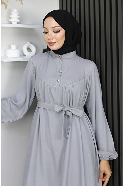 sefamerve Belmando fabric half buttoned belted dress 2166-07 grey