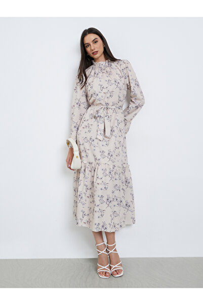 Take Two By Styli Beige Floral Printed Tie Waist Maxi Dress