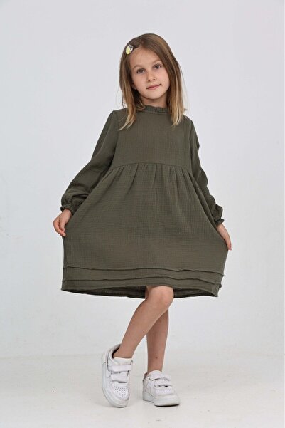 Toontoy Kız Çocuk Oversize Bisiklet Yaka Uzun Kollu Dokulu Elbise