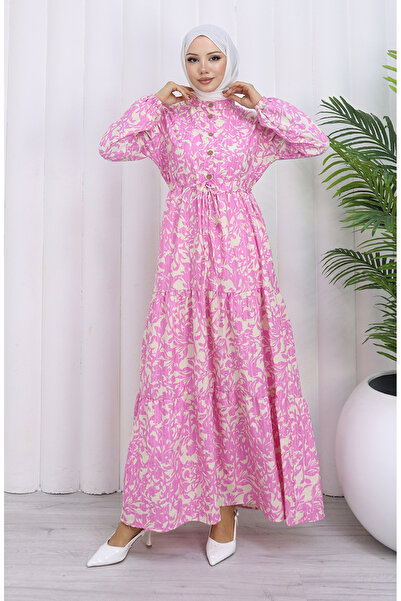 sefamerve Hakim Yaka Belted Lace-Up Patterned Dress 0190-06 Pink