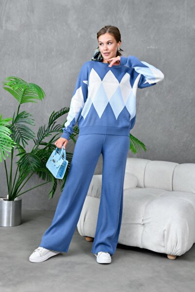 Noi Belis Oversized Plaid Patterned Crew Neck Knitwear Bottom-Top Set Aw25Au0030