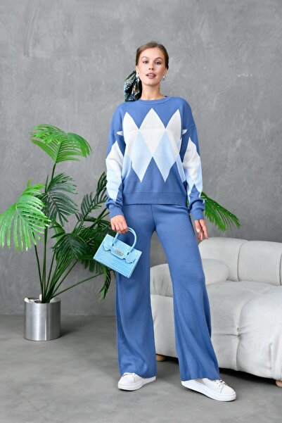 Noi Belis Oversized Plaid Patterned Crew Neck Knitwear Bottom-Top Set Aw25Au0030