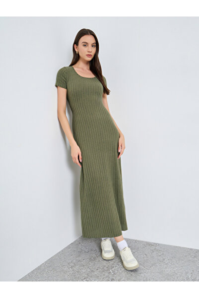 Take Two By Styli Ribbed Square Neck Fitted Knit Maxi Dress