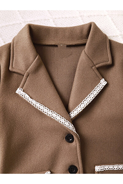 Take Two By Styli Girl's Solid Button Front Long Sleeve Pocket Detail Lace Trim Blazer With Pleated Skirt Set