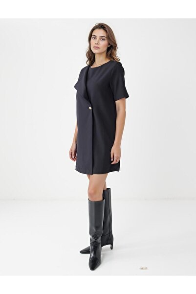 Jimmy Key Siyah Bisiklet Yaka Düğme Detaylı Dokuma Mini Elbise