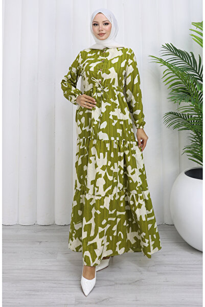 sefamerve Φόρεμα με κορδόνια με μοτίβο με λαιμόκοψη 0191-04 Χακί