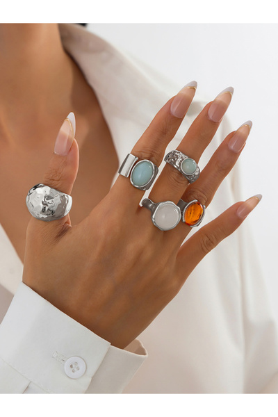 Take Two By Styli مجموعة من 5 خواتم فضية مرصعة بالأحجار الكريمة