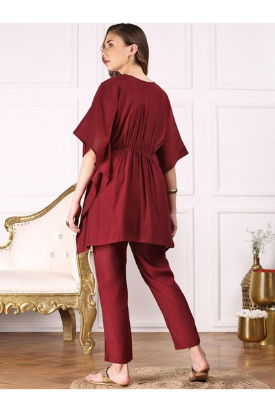 Ishin By Styli Maroon Viscose Kurta and Pants Set