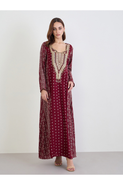 Styli Maroon Printed Panel Embroidered Jalabiya