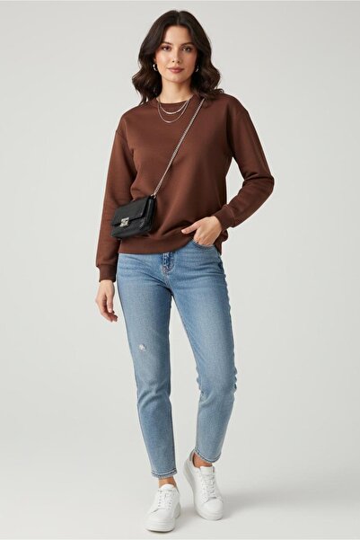 TOFİSA Дамска суитшърт с голям размер и велосипедна деколте - Кафе - 27955-CO...