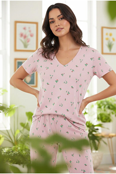 Siyah İnci Powder Flower Patterned Viscose Knitted Boy Ankle Pajama Set 7912