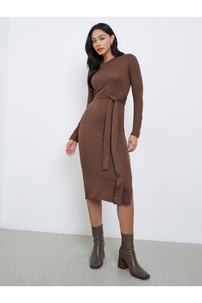 Styli Brown Knit Midi Dress with Tie Belt