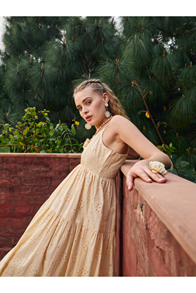 Sassafras By Styli Beige Strappy A-Line Maxi Dress