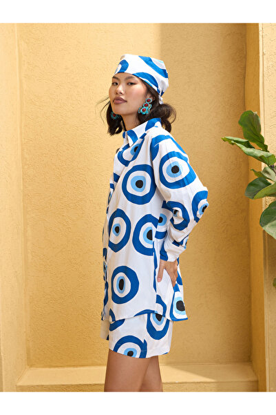 Sassafras By Styli White Evil Eye Print Oversized Shirt With Shorts