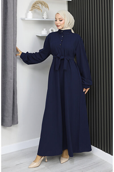 sefamerve Scuba fabric half buttoned belted dress 2167-04 navy blue