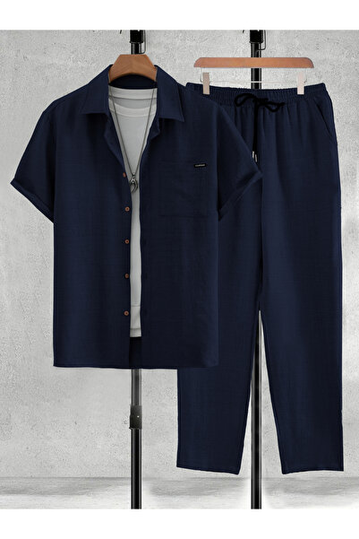 Take Two By Styli Men Navy Solid Shirt and Pants Co-ords