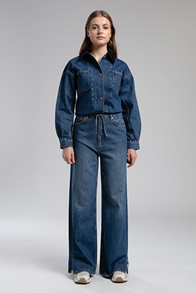 Lee Cooper Maldiv Yüksek Bel Geniş Paça Kesim Geniş Paça Mavi Kadın Jean Pant...
