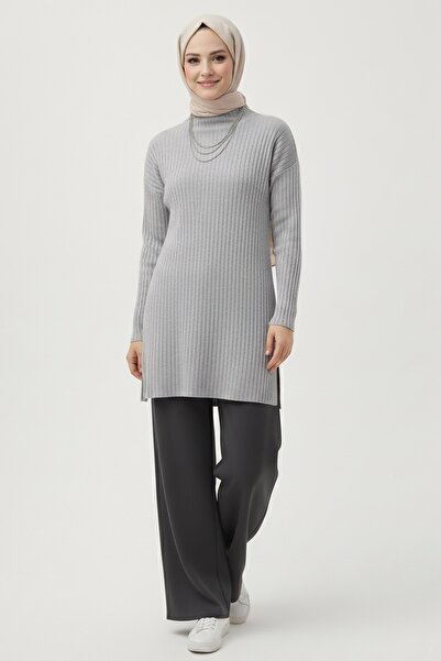 TOFİSA إنترلوك Y شق تونيك رمادي - 27994-GRI