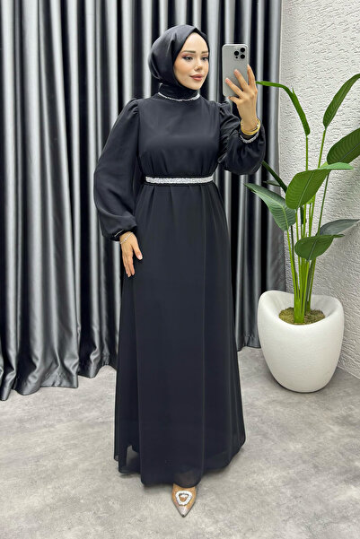 modapark.ist Women's Belted Stone Detailed Chiffon Evening Dress