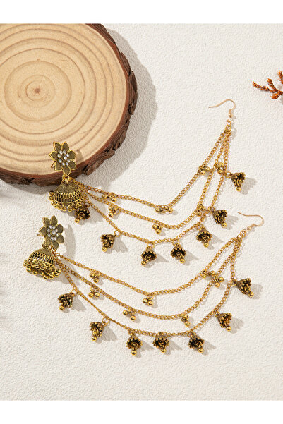 Take Two By Styli Flower Bell Shape Jhumka Link Earrings with Chain