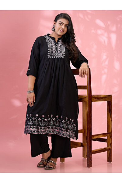 Globus By Styli Plus Size Black Embroidered Yoke Kurta and Pants Set