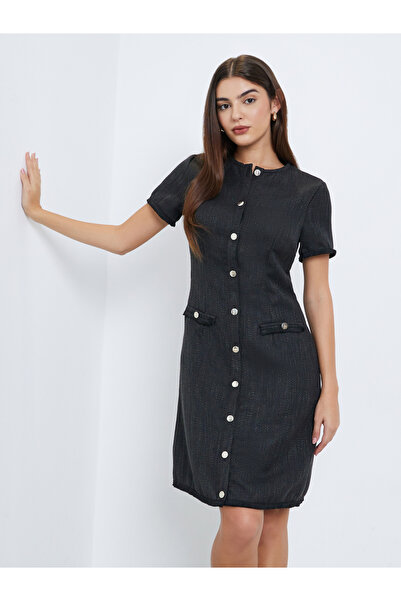 Styli Black Tweed Look Knee Length Dress