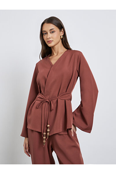 Styli Solid Wrap Beaded Tie Top and Pants Co-Ords