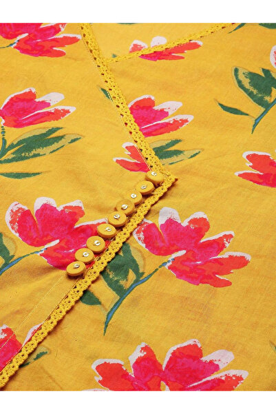 Ishin By Styli Mustard Floral Cotton Blend Kurta and Pant Set