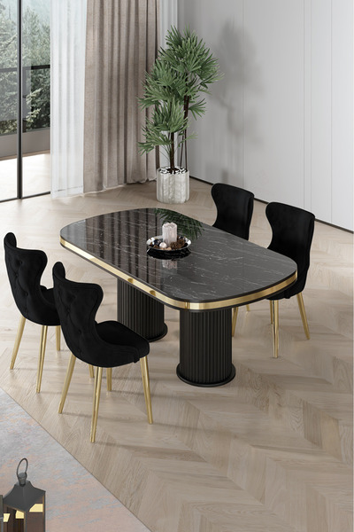 Canisa Galya Serisi Lak Panel 90x168 Sabit Sonata Mutfak Masa Takımı 4 Siyah ...