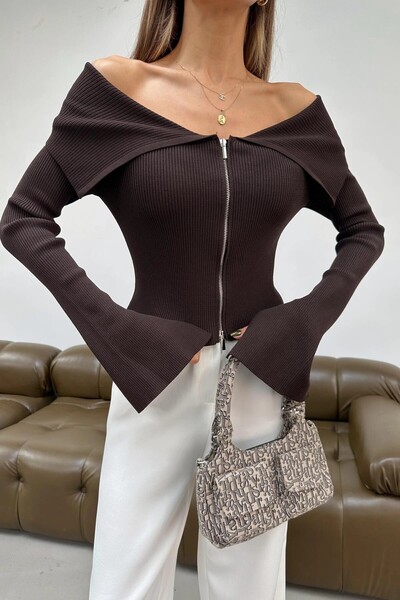 HARMONY GLOBAL Women's Bitter Brown Off-The-Shoulder Zippered Knit Blouse – Fitted Cut, Madonna Collar, Stylish and Modern Top 2545