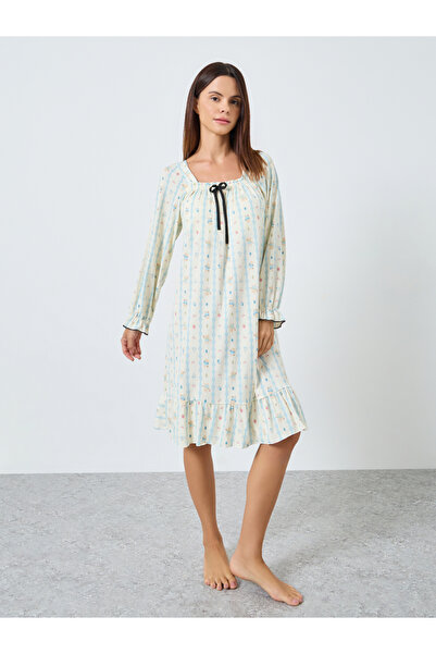 Styli Animal Print Square Neck Nightdress with Bow Detail
